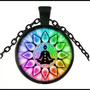 The 7 Chakras Glass Cabochon Black Necklace